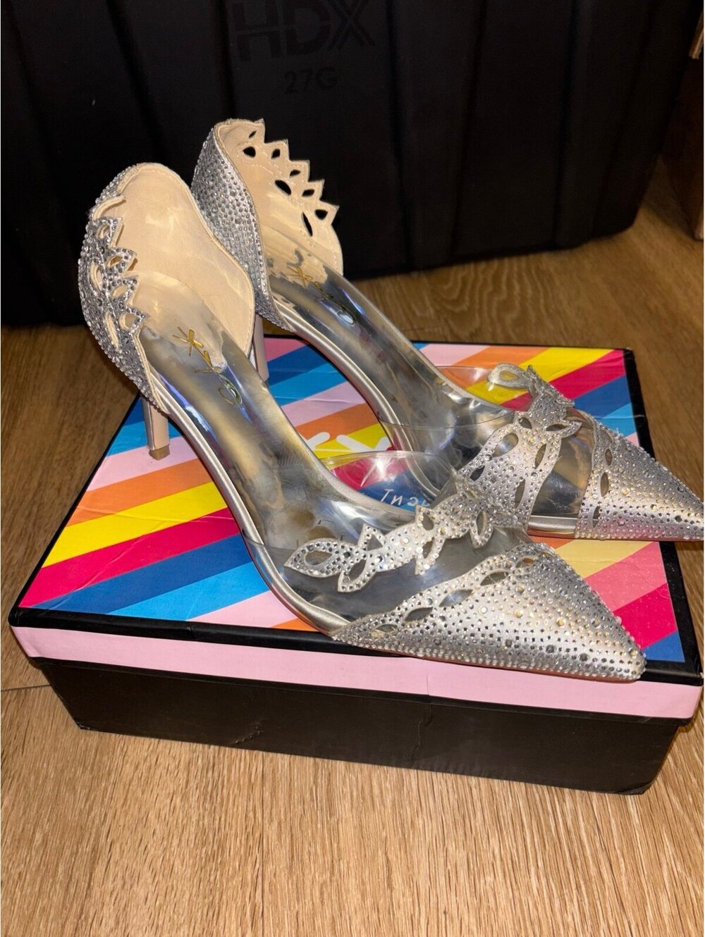 silver, rhinestone-studded high heels size 11 box Ak